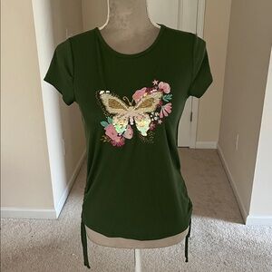 btween Olive Butterfly Sequin Tee